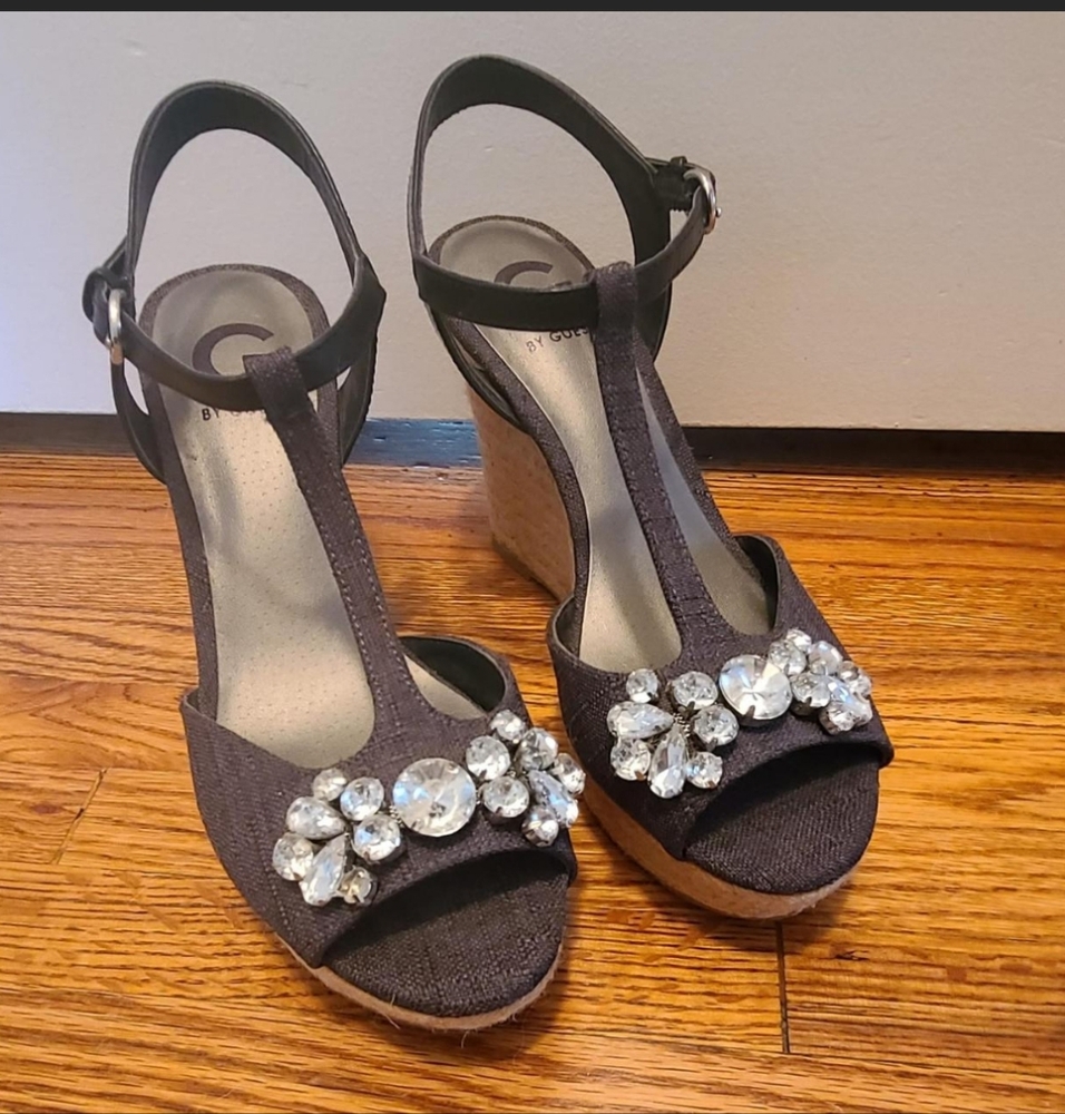 G by Guess Denim Wedge Sandals with Embellishments